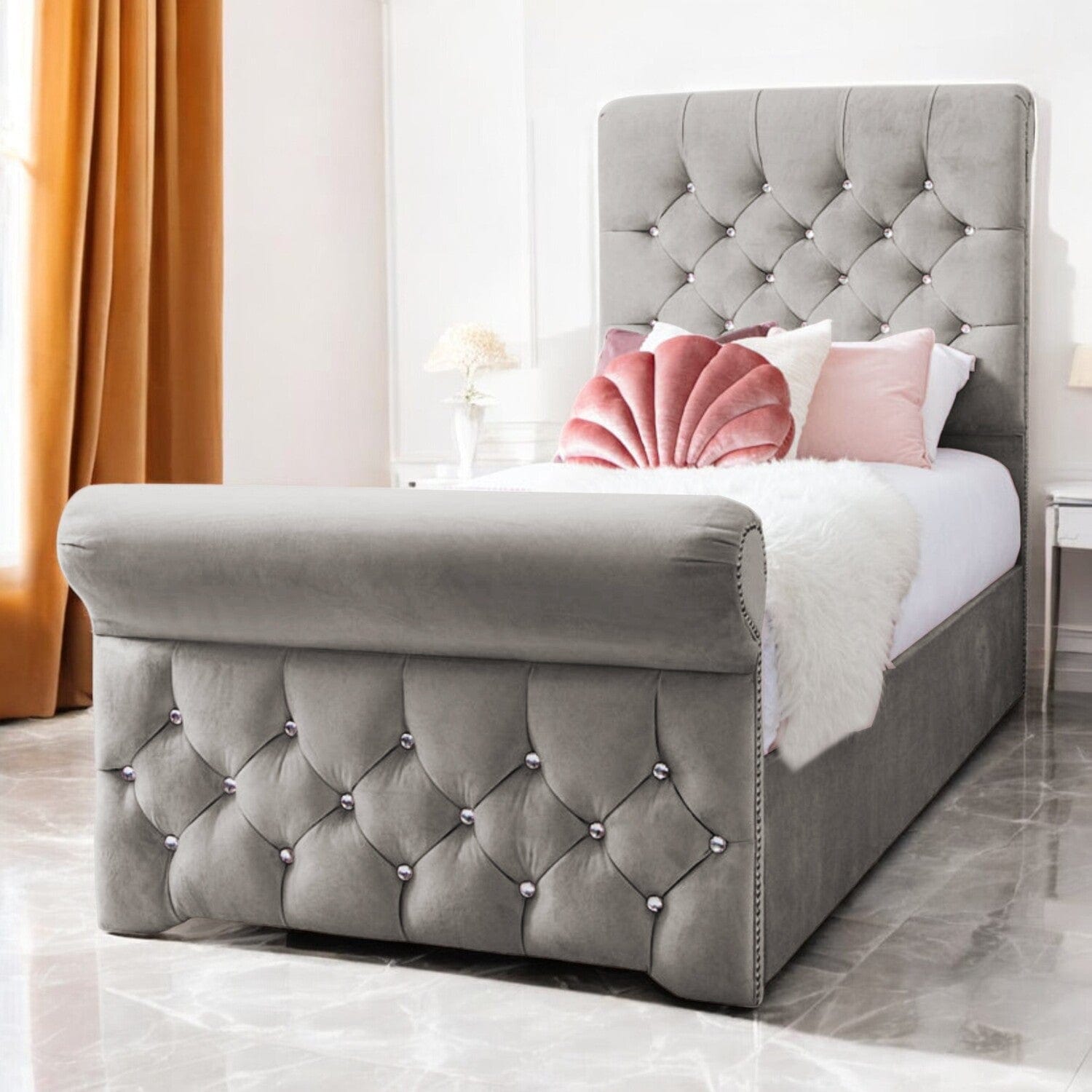  Slatted Base Grace Diamante Studded Velvet Upholstered Chesterfield Sleigh Single Bed Frame