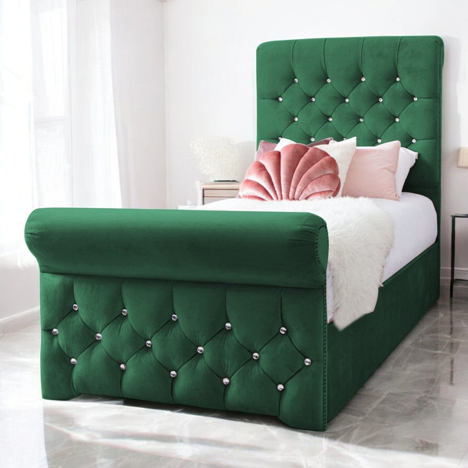  Slatted Base Grace Diamante Studded Velvet Upholstered Chesterfield Sleigh Single Bed Frame
