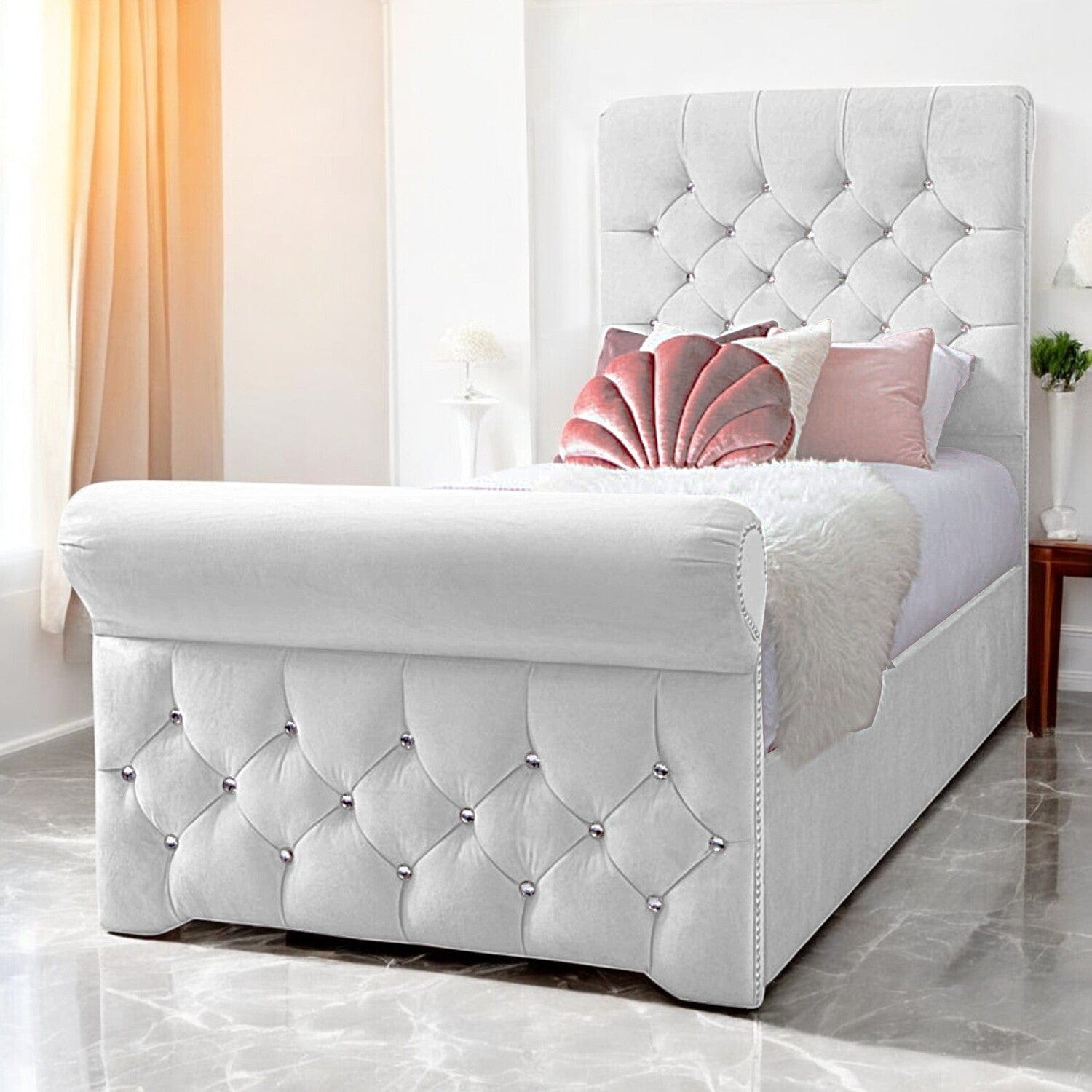  Slatted Base Grace Diamante Studded Velvet Upholstered Chesterfield Sleigh Single Bed Frame
