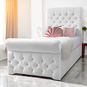 Light Silver Velvet / Single 3ft - 90x190cm / Slatted Base Grace Diamante Studded Velvet Upholstered Chesterfield Sleigh Single Bed Frame