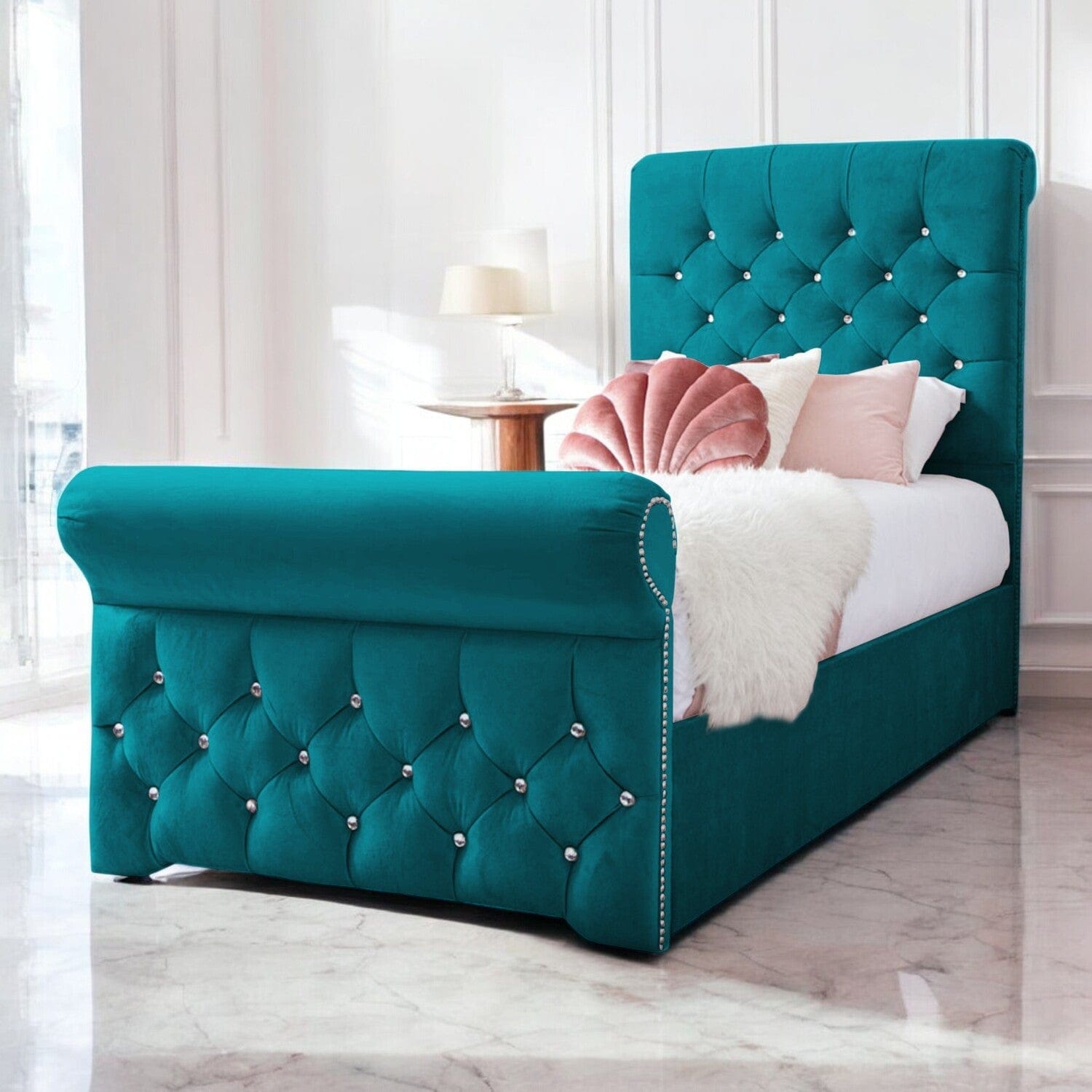  Slatted Base Grace Diamante Studded Velvet Upholstered Chesterfield Sleigh Single Bed Frame
