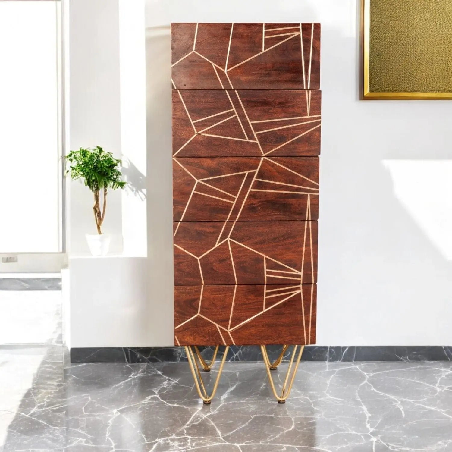 Limerick Wooden Dark Gold Tall Chest of 5 Drawers