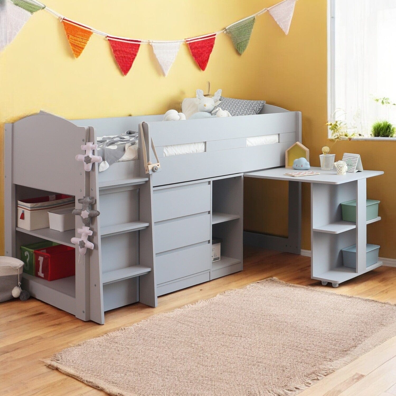 Grey Lottie Mid Sleeper Cabin Bed with Desk & Storage