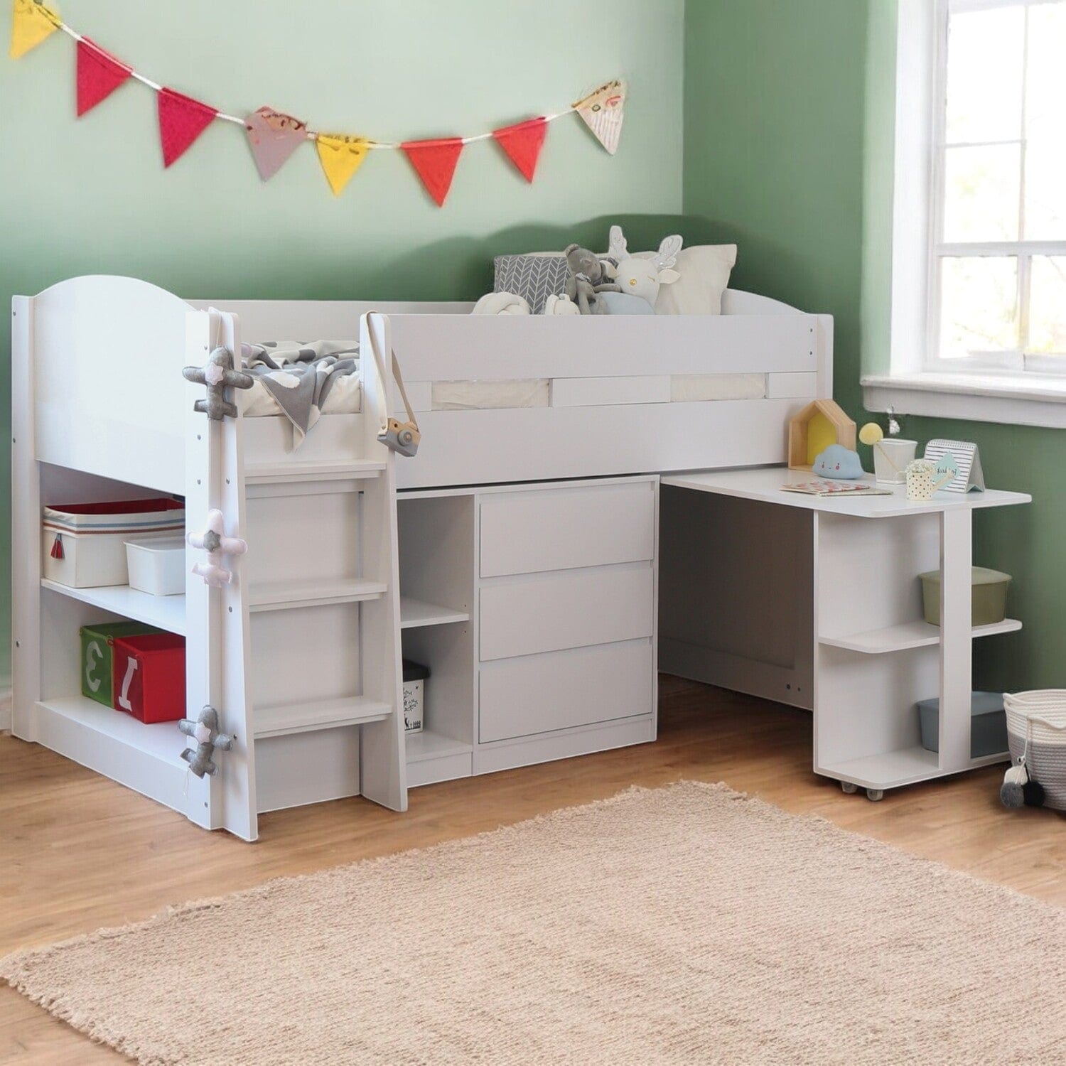 White Lottie Mid Sleeper Cabin Bed with Desk & Storage