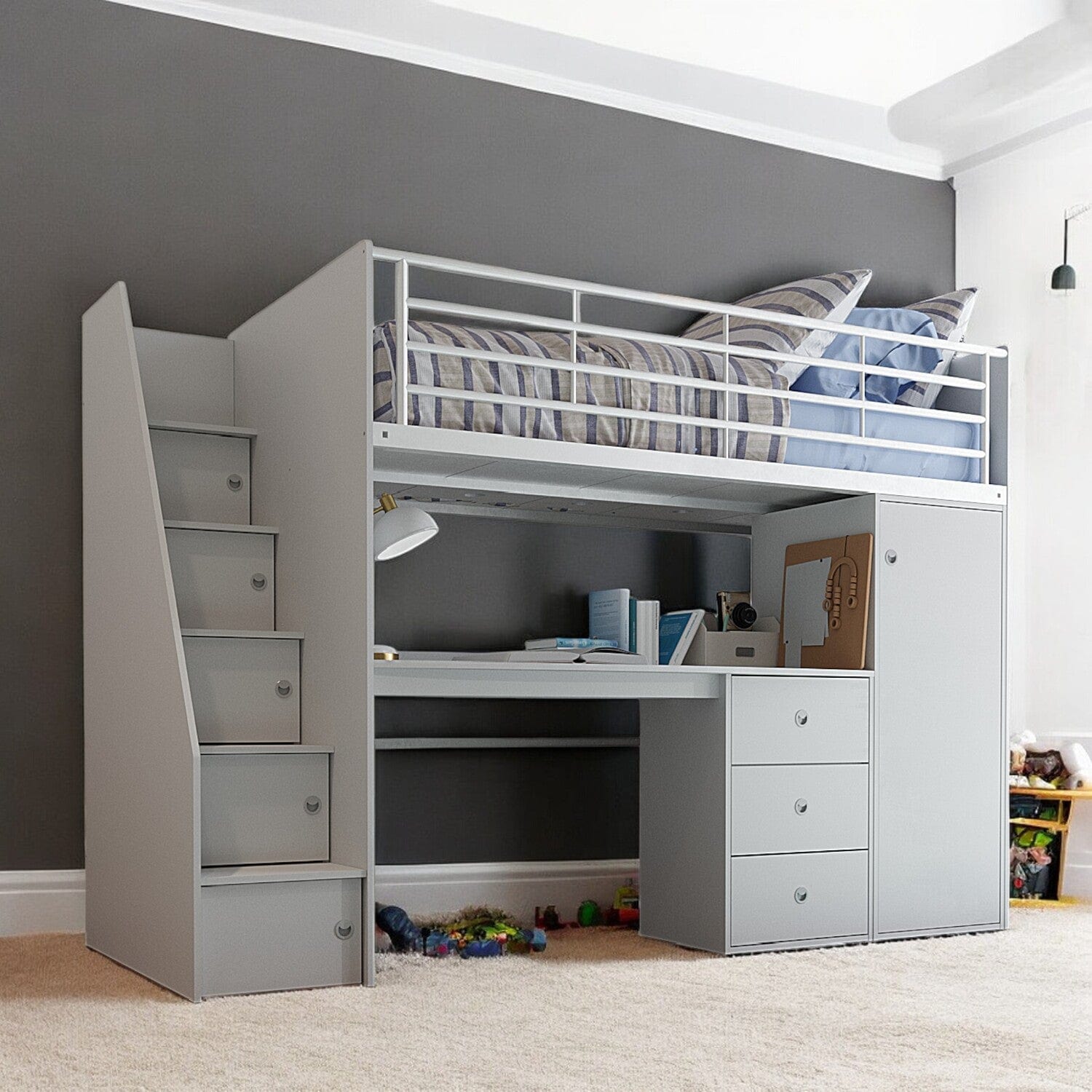 Grey Lucas High Sleeper Bed with Desk & Storage