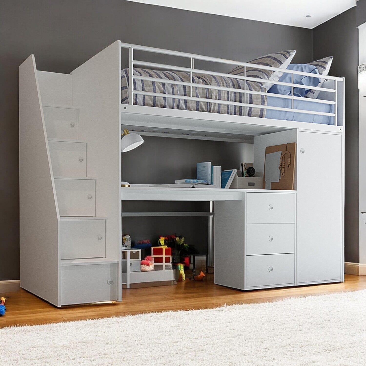 White Lucas High Sleeper Bed with Desk & Storage