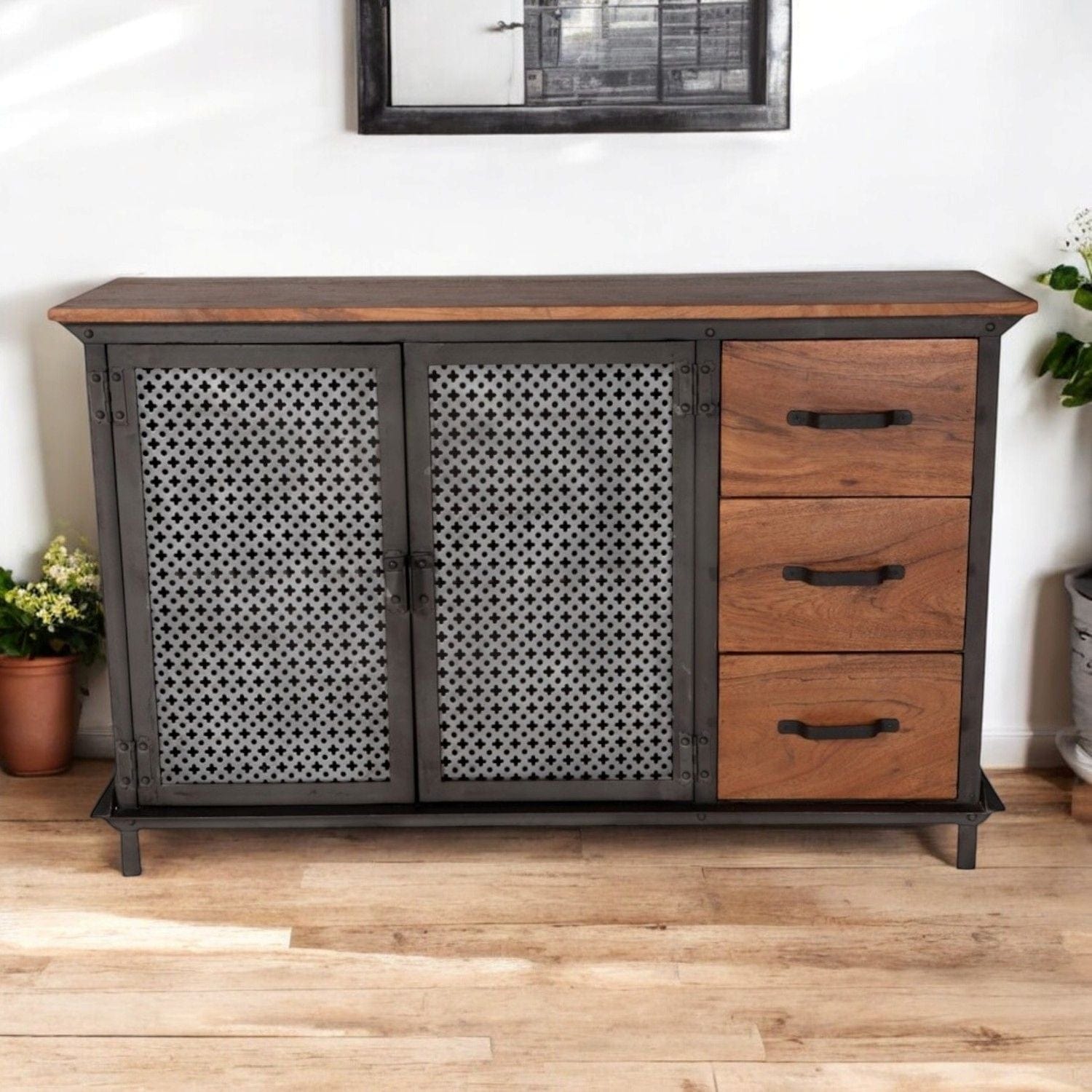 Meath Industrial Metal & Wood 2 Doors & 3 Drawer 125cm Sideboard