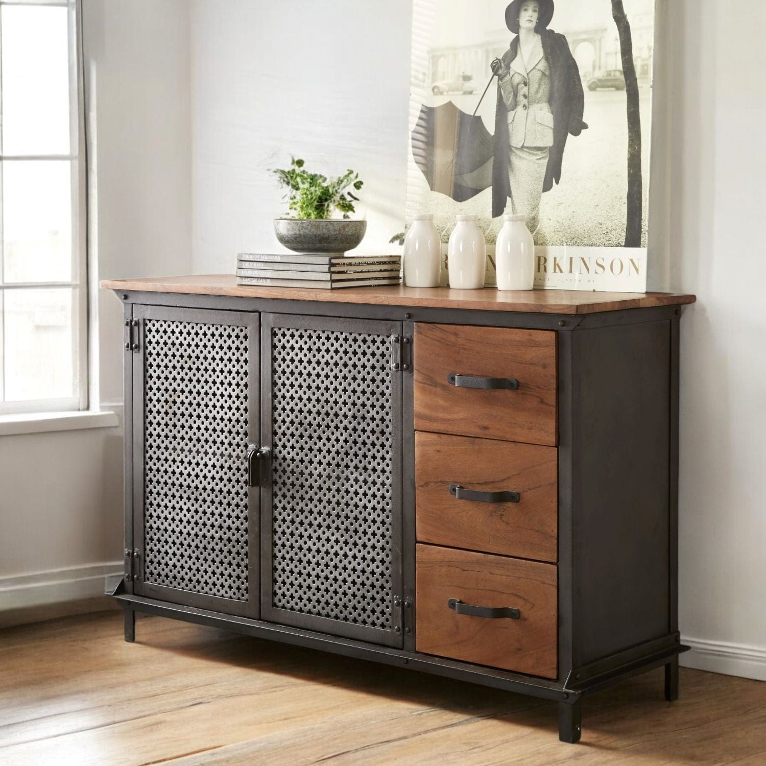 Meath Industrial Metal & Wood 2 Doors & 3 Drawer 125cm Sideboard