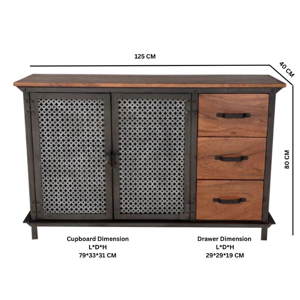 Meath Industrial Metal & Wood 2 Doors & 3 Drawer 125cm Sideboard