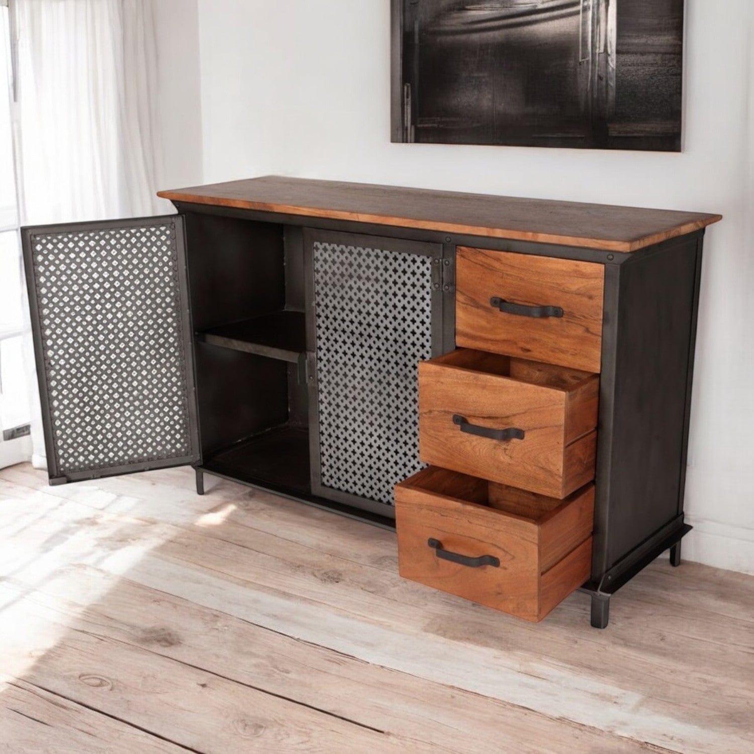 Meath Industrial Metal & Wood 2 Doors & 3 Drawer 125cm Sideboard