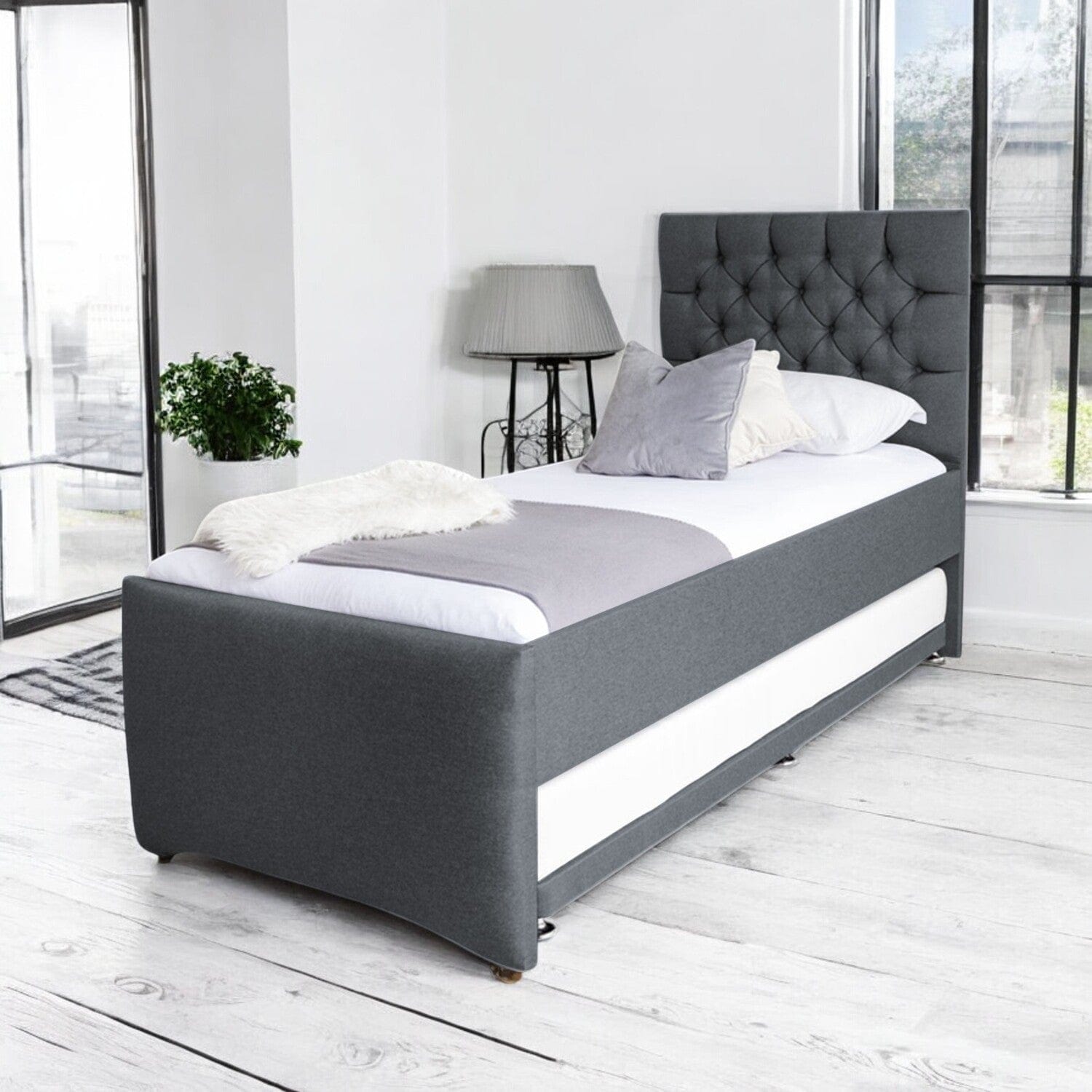 Newgale Tufted Fabric Upholstered Single Guest Bed With Trundle