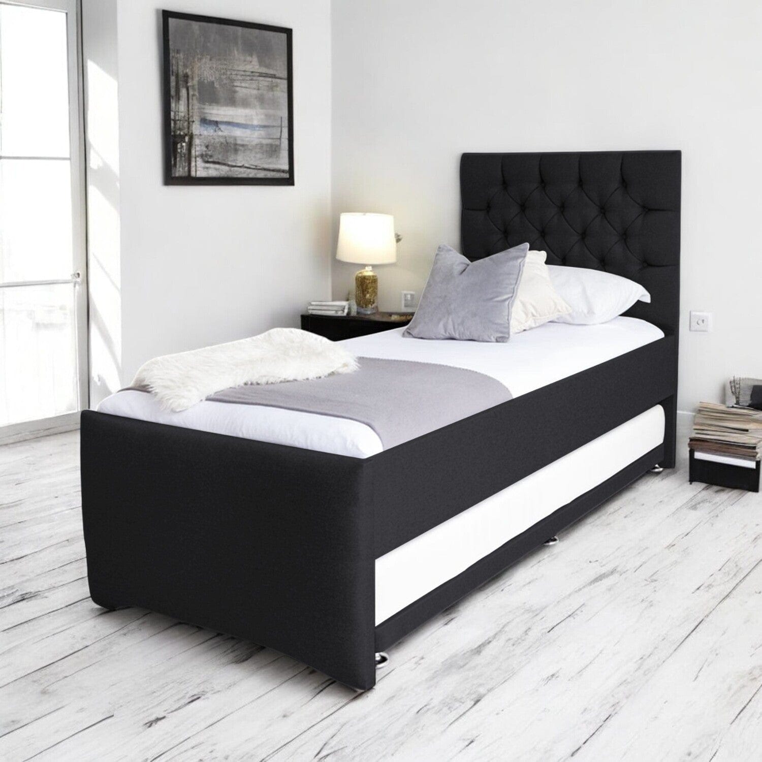 Newgale Tufted Fabric Upholstered Single Guest Bed With Trundle