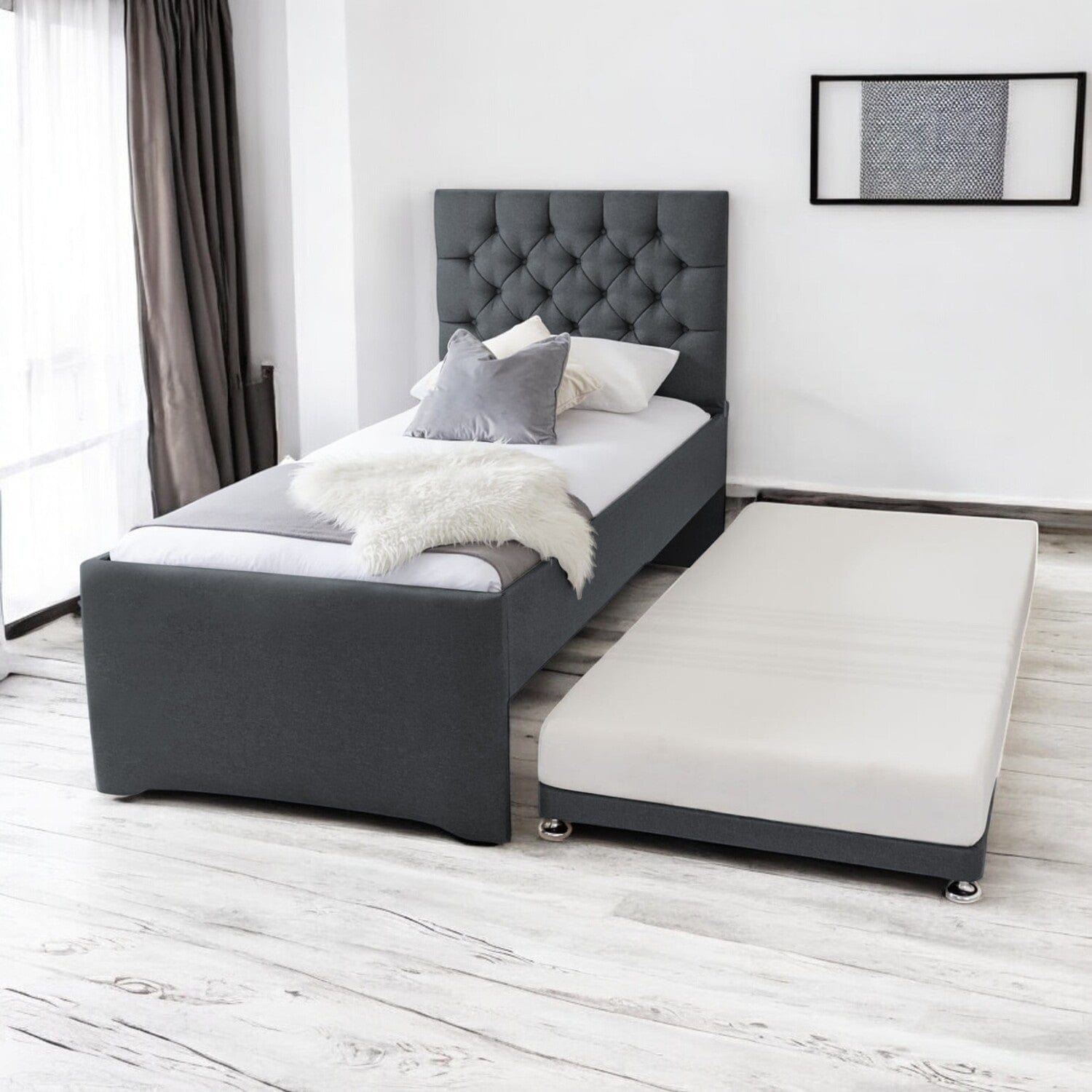  Single 3ft - 90x190cm Newgale Tufted Fabric Upholstered Single Guest Bed With Trundle