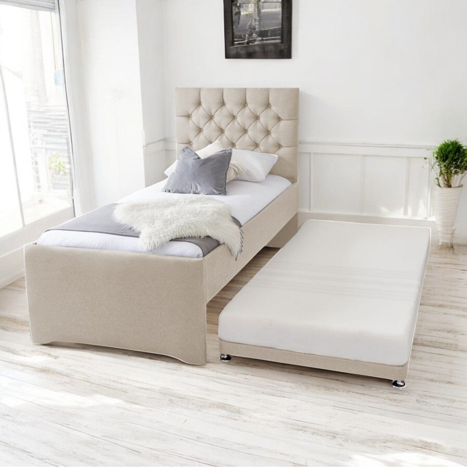  Single 3ft - 90x190cm Newgale Tufted Fabric Upholstered Single Guest Bed With Trundle