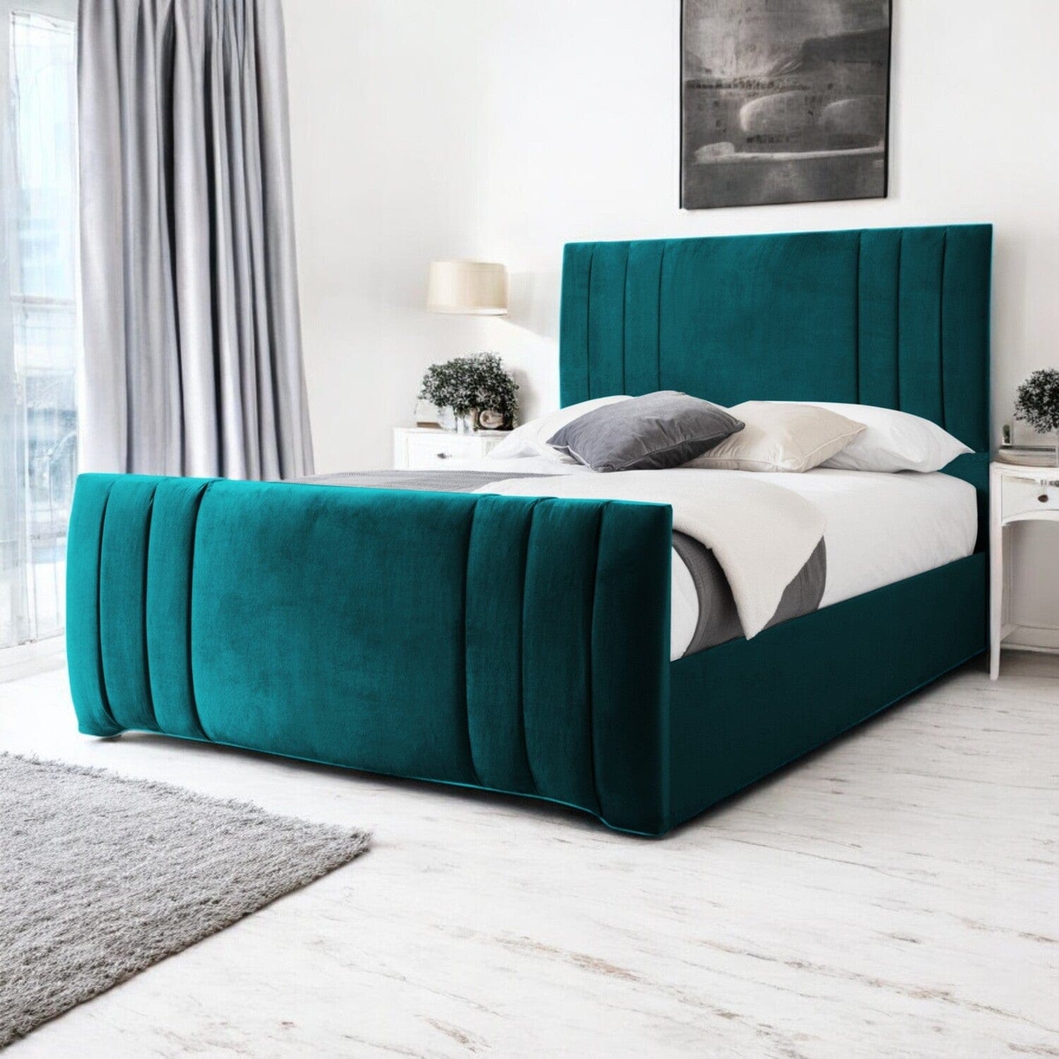  Slatted Base Newport Modern Design Velvet Fabric Upholstered Bed Frame