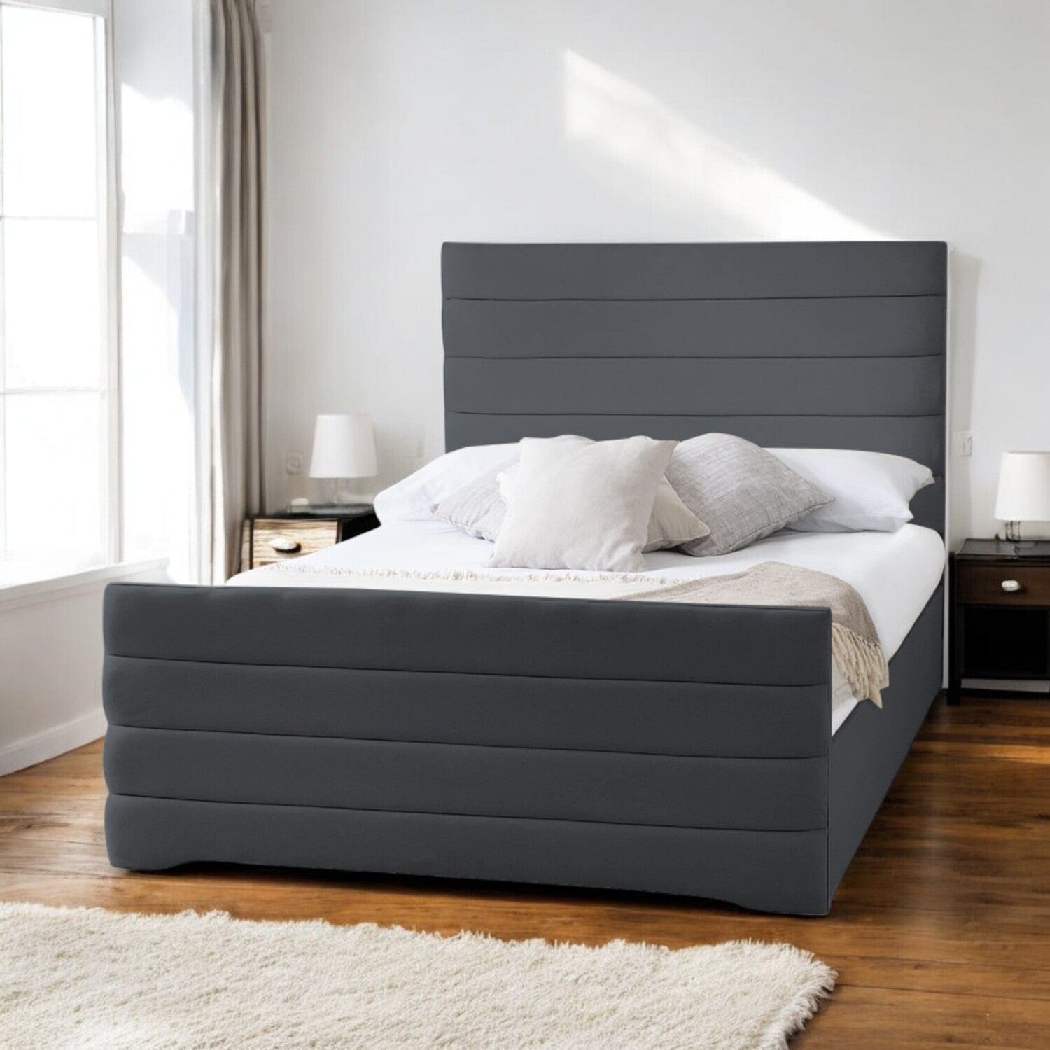  Slatted Base Pembroke Modern Horizontal Lined Fabric Upholstered Bed Frame