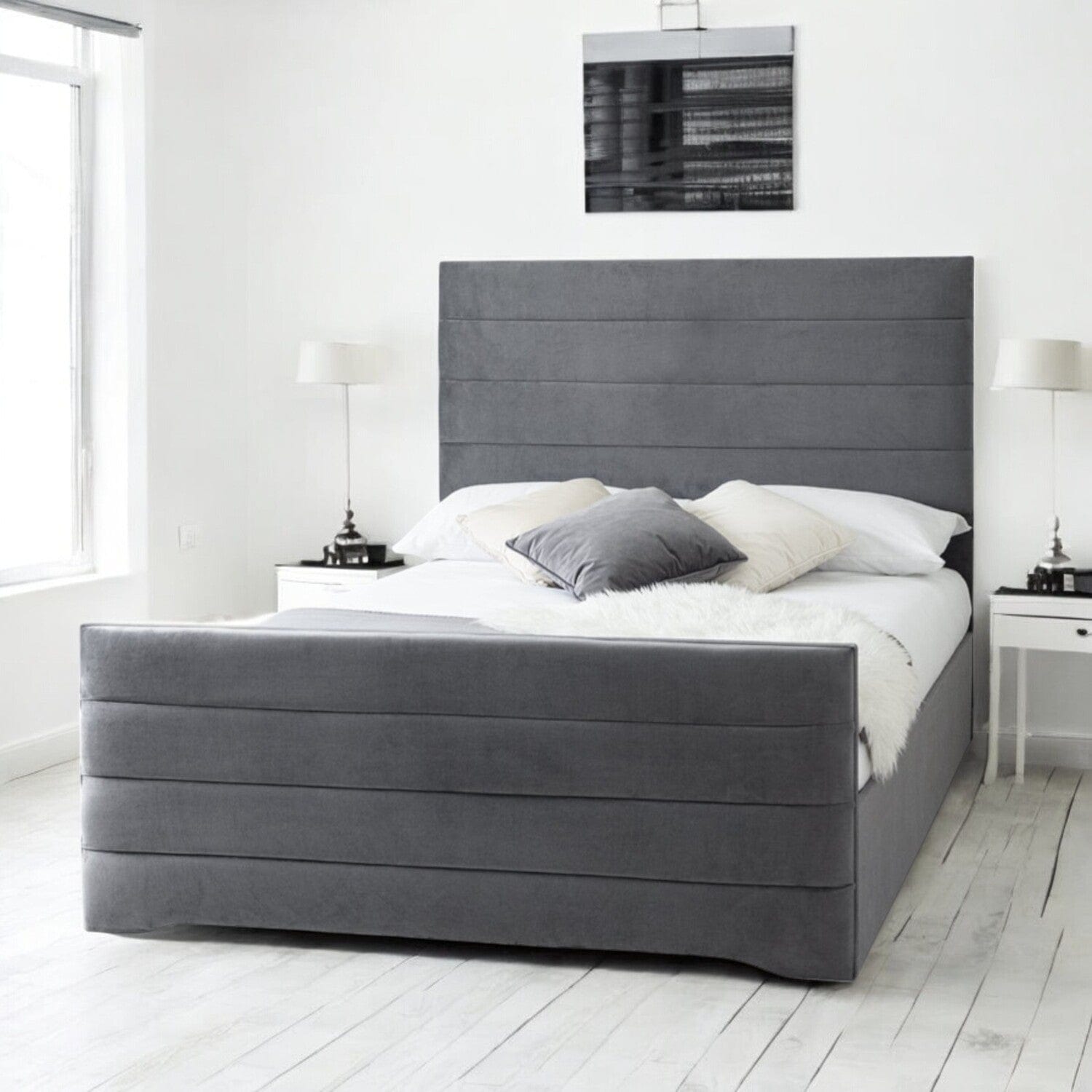  Slatted Base Pembroke Modern Horizontal Lined Fabric Upholstered Bed Frame