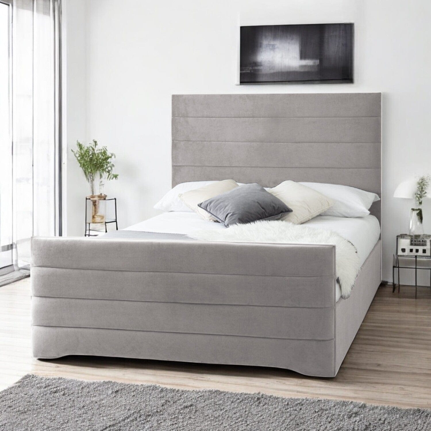  Slatted Base Pembroke Modern Horizontal Lined Fabric Upholstered Bed Frame
