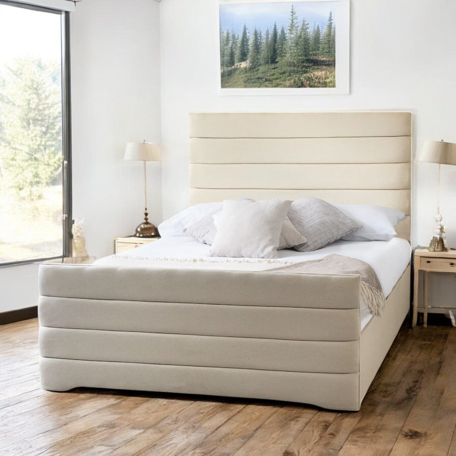  Slatted Base Pembroke Modern Horizontal Lined Fabric Upholstered Bed Frame