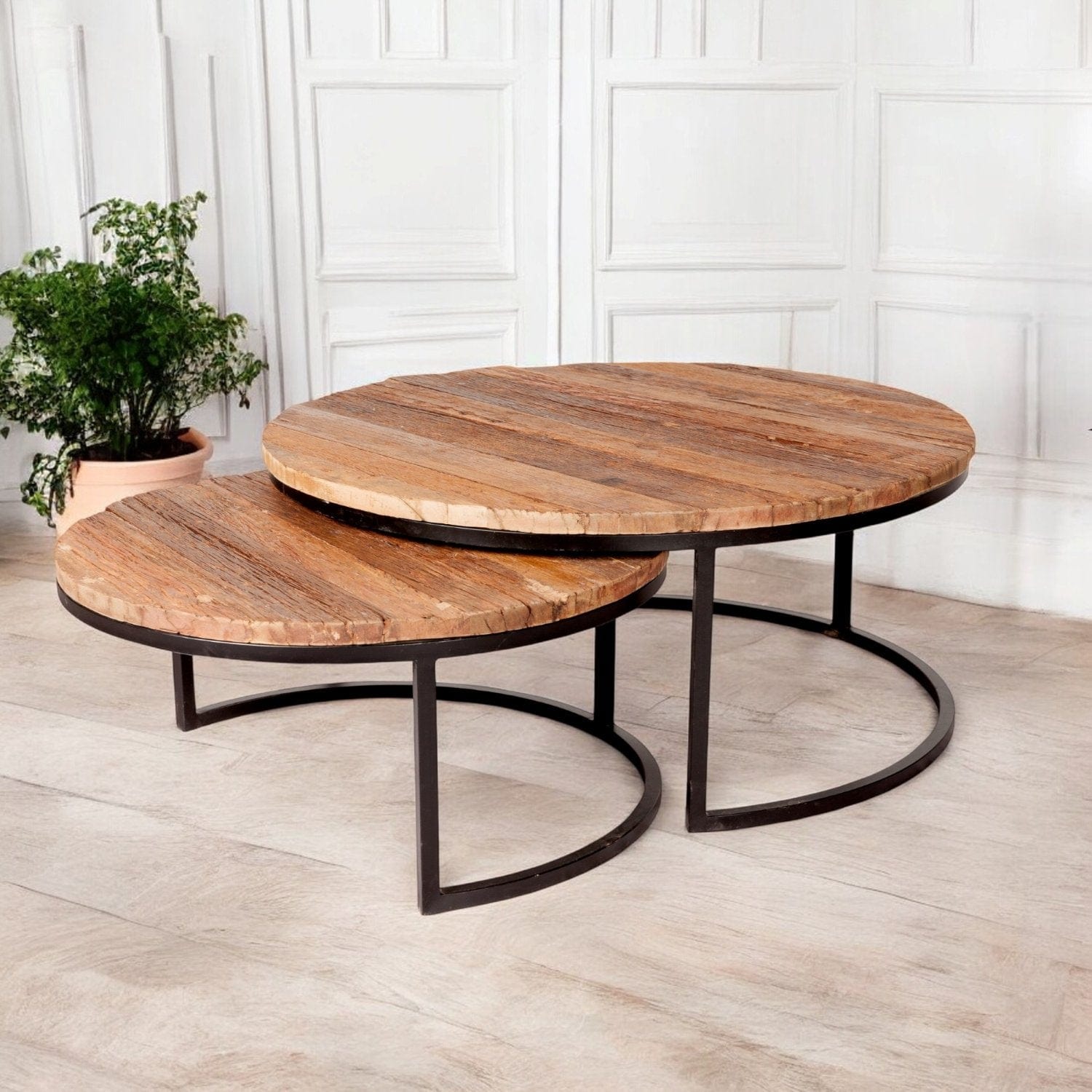 Sligo Industrial Metal & Wood Set of 2 Round Coffee Tables