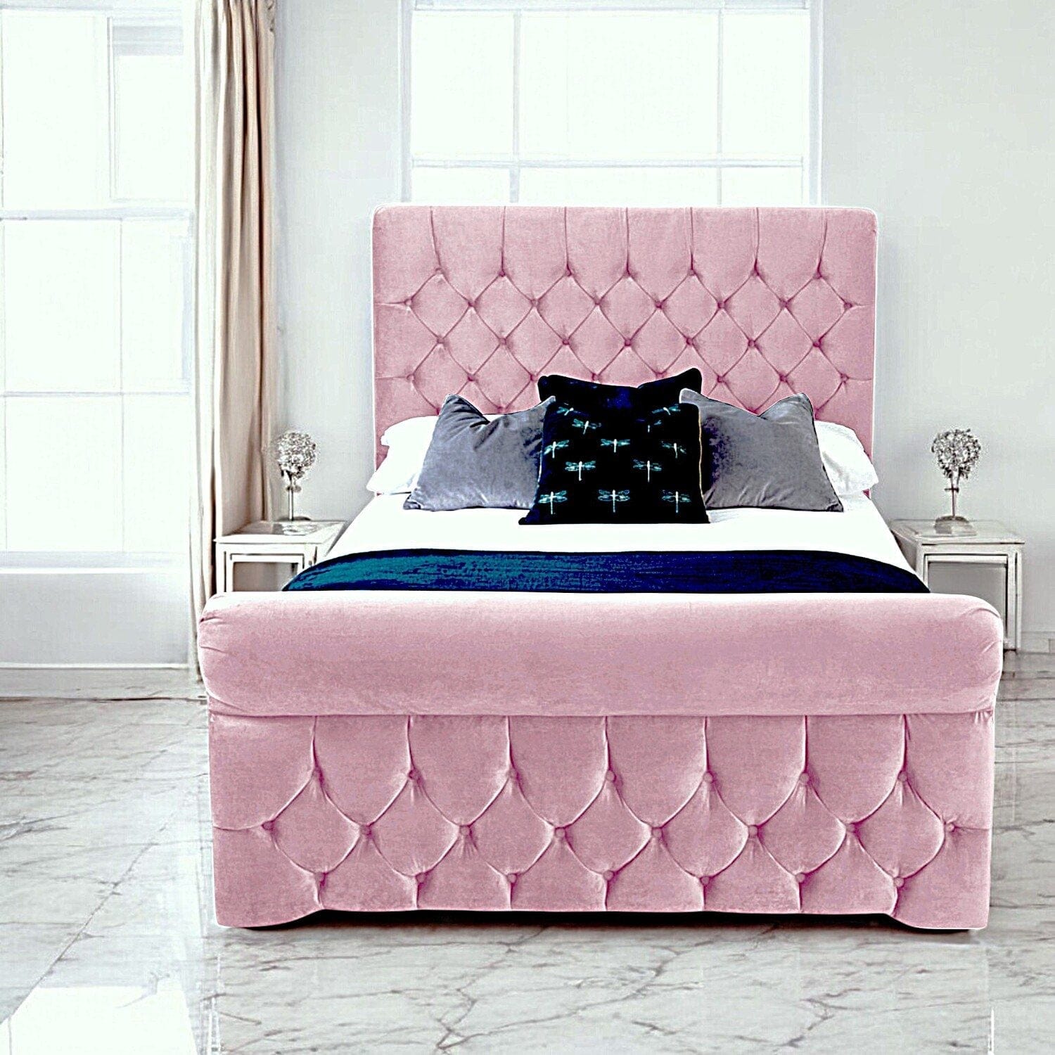 Solva Velvet Upholstered Chesterfield Sleigh Bed Frame