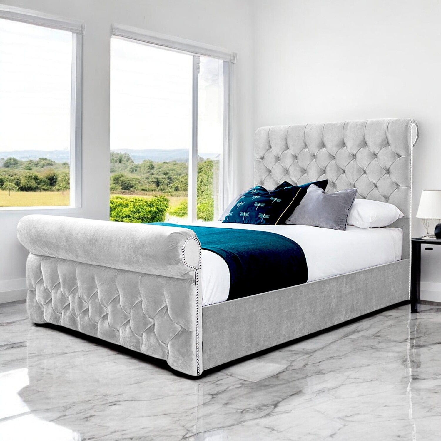 Solva Velvet Upholstered Chesterfield Sleigh Bed Frame