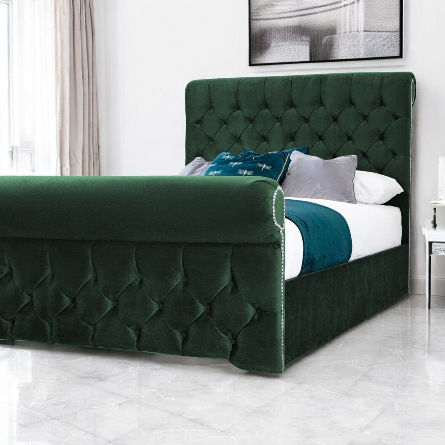 Solva Velvet Upholstered Chesterfield Sleigh Bed Frame
