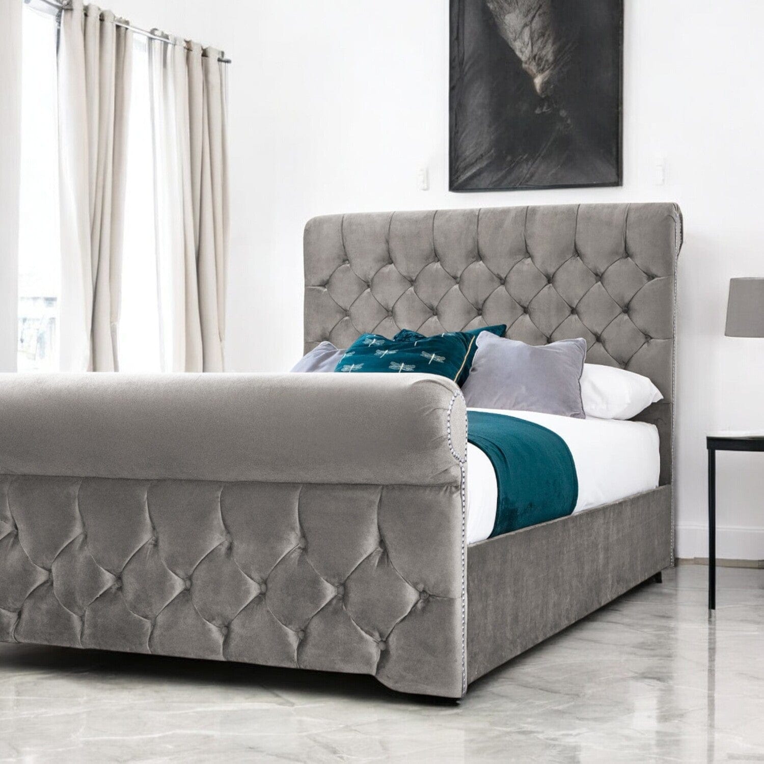 Solva Velvet Upholstered Chesterfield Sleigh Bed Frame