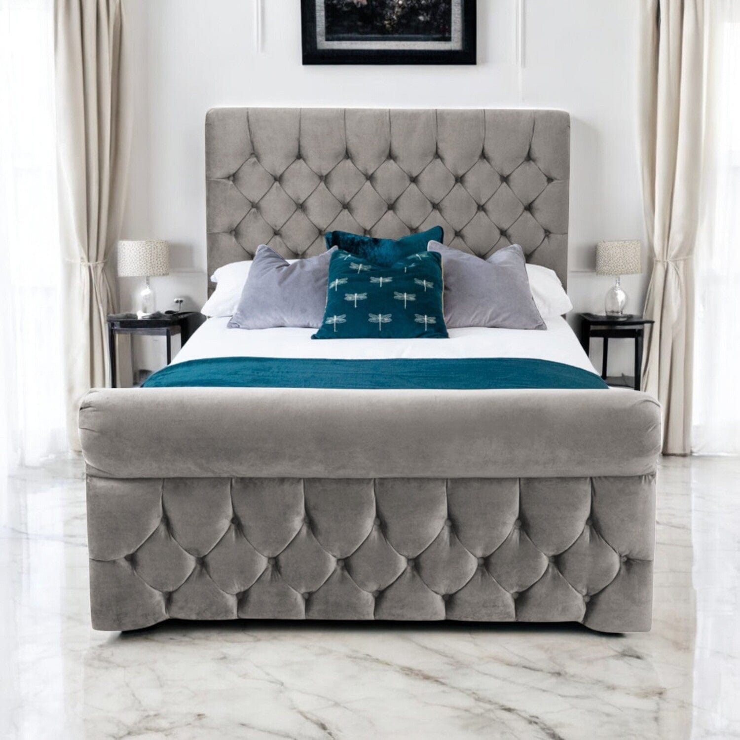 Solva Velvet Upholstered Chesterfield Sleigh Bed Frame