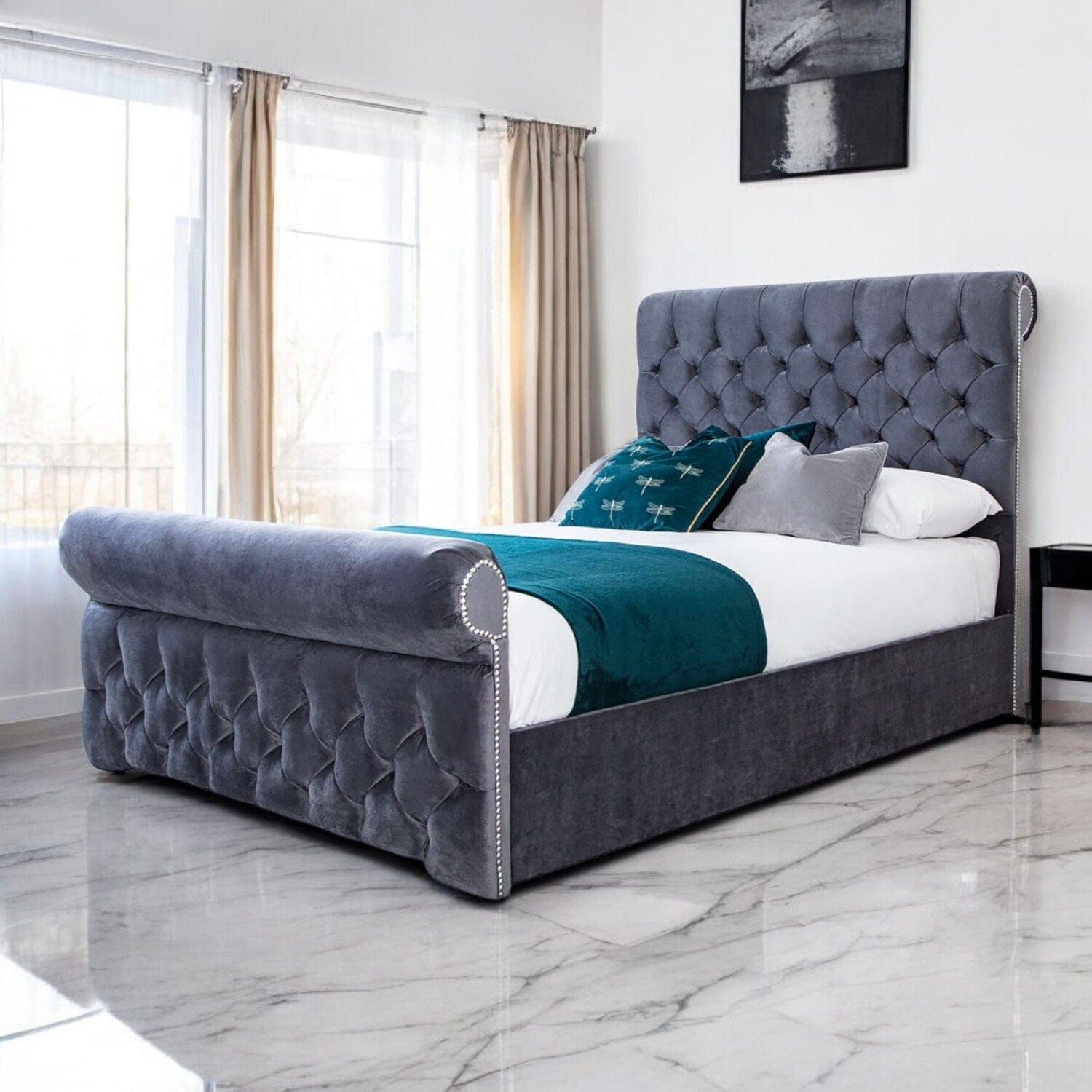 Solva Velvet Upholstered Chesterfield Sleigh Bed Frame