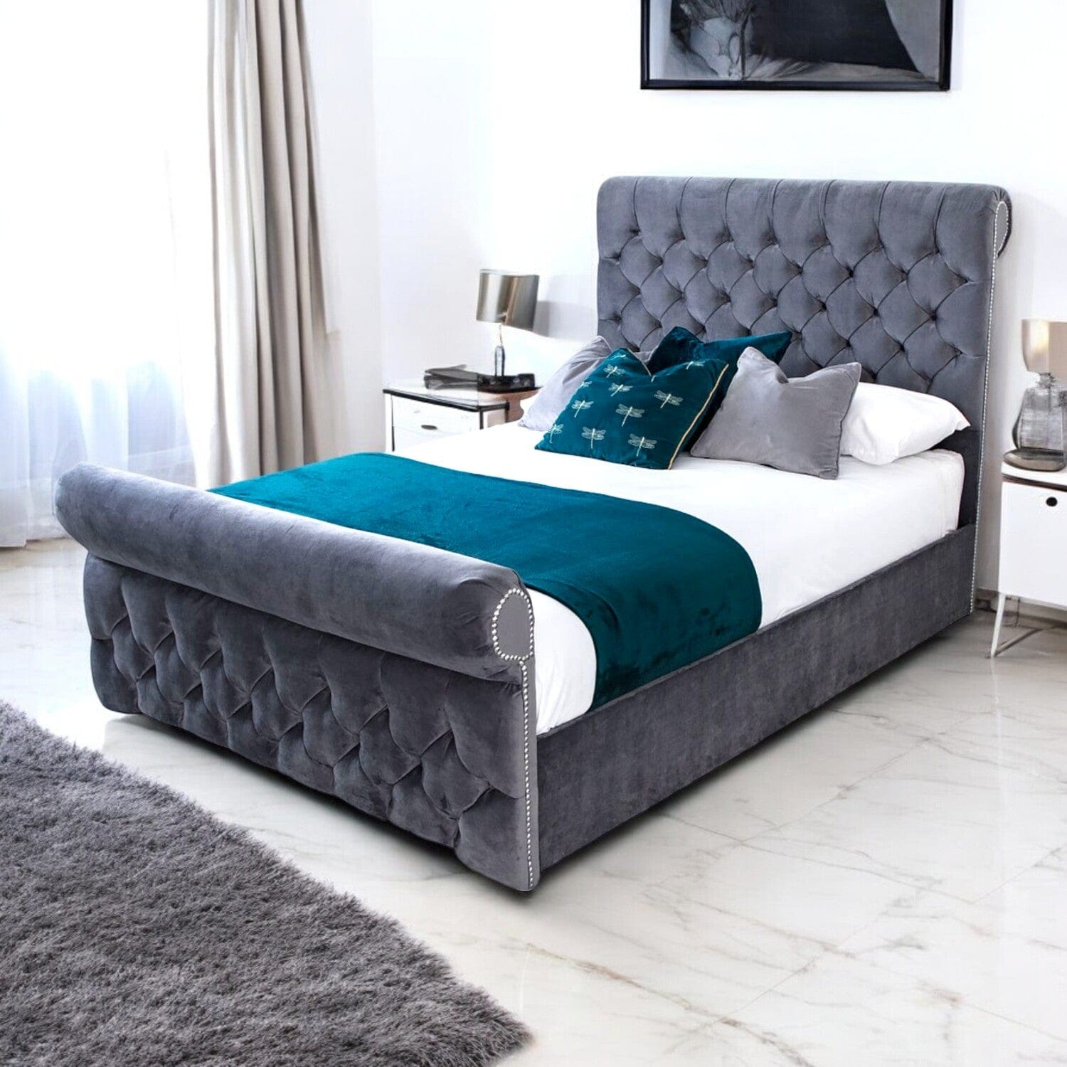Solva Velvet Upholstered Chesterfield Sleigh Bed Frame