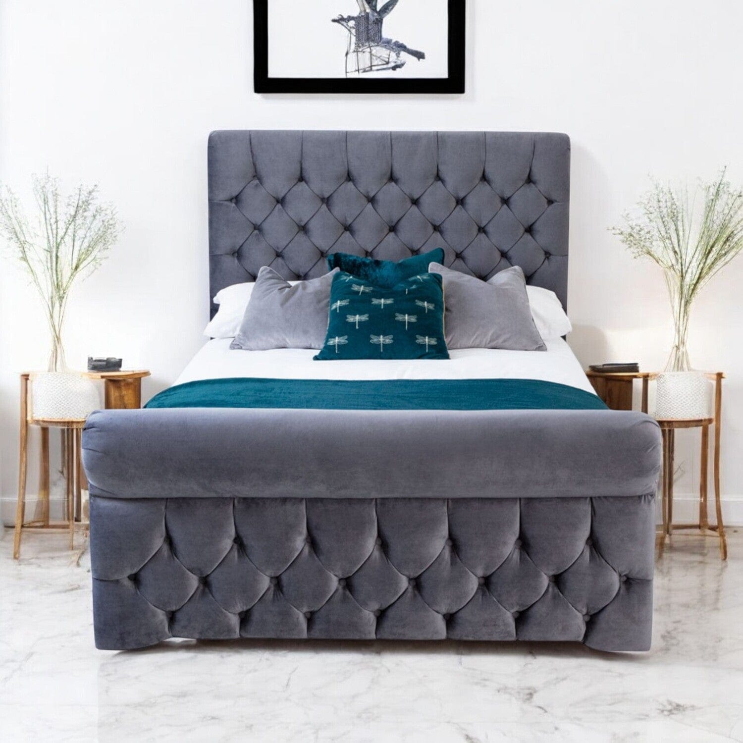 Solva Velvet Upholstered Chesterfield Sleigh Bed Frame