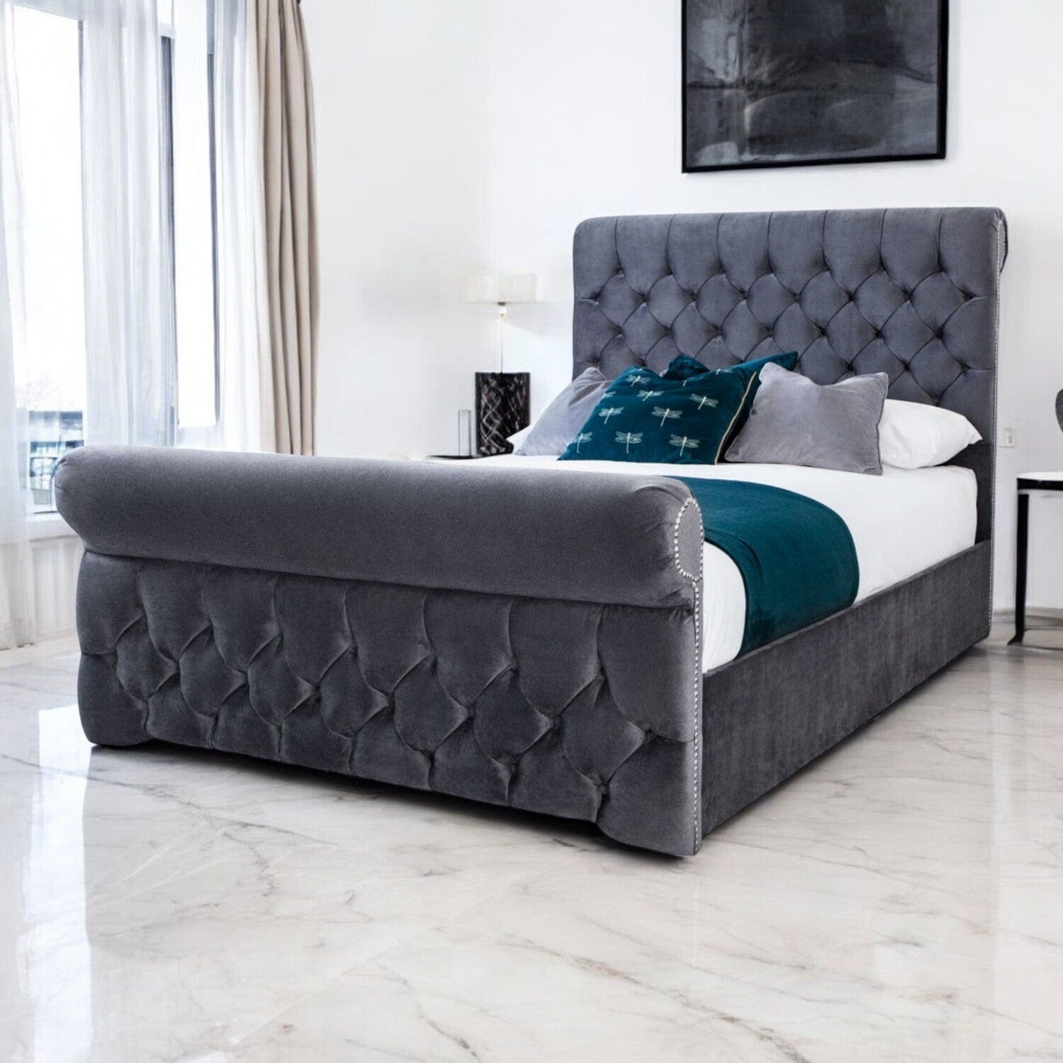  Slatted Base Solva Velvet Upholstered Chesterfield Sleigh Bed Frame