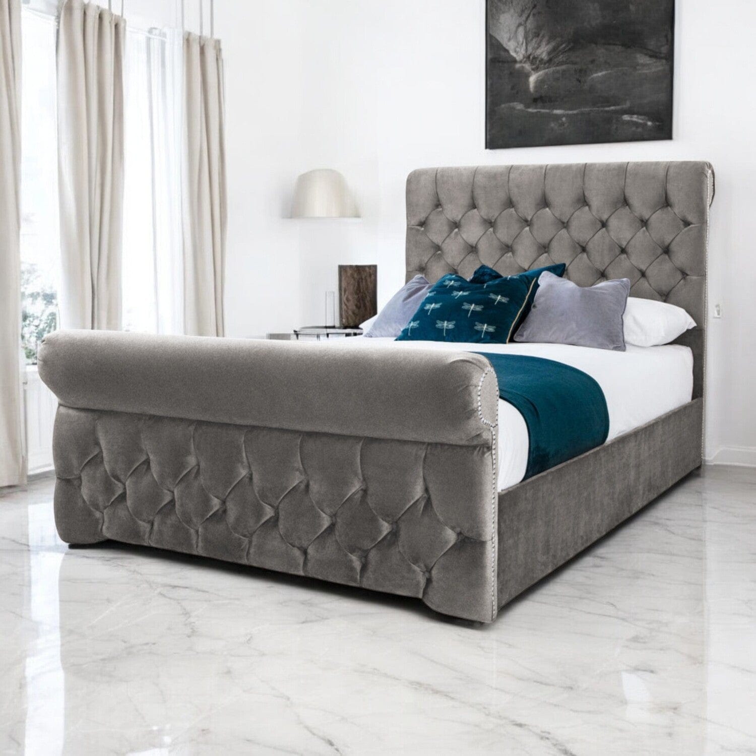  Slatted Base Solva Velvet Upholstered Chesterfield Sleigh Bed Frame