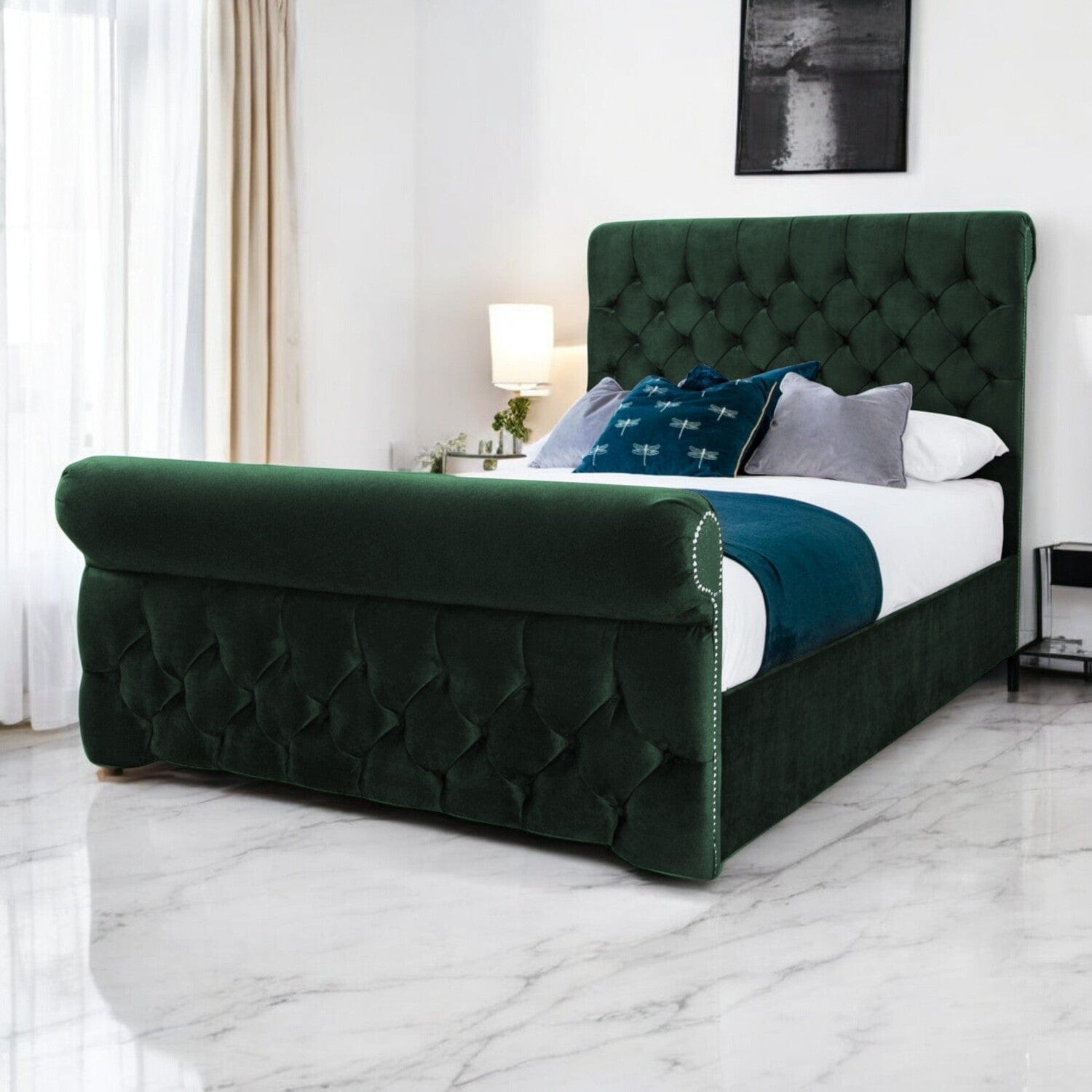  Slatted Base Solva Velvet Upholstered Chesterfield Sleigh Bed Frame