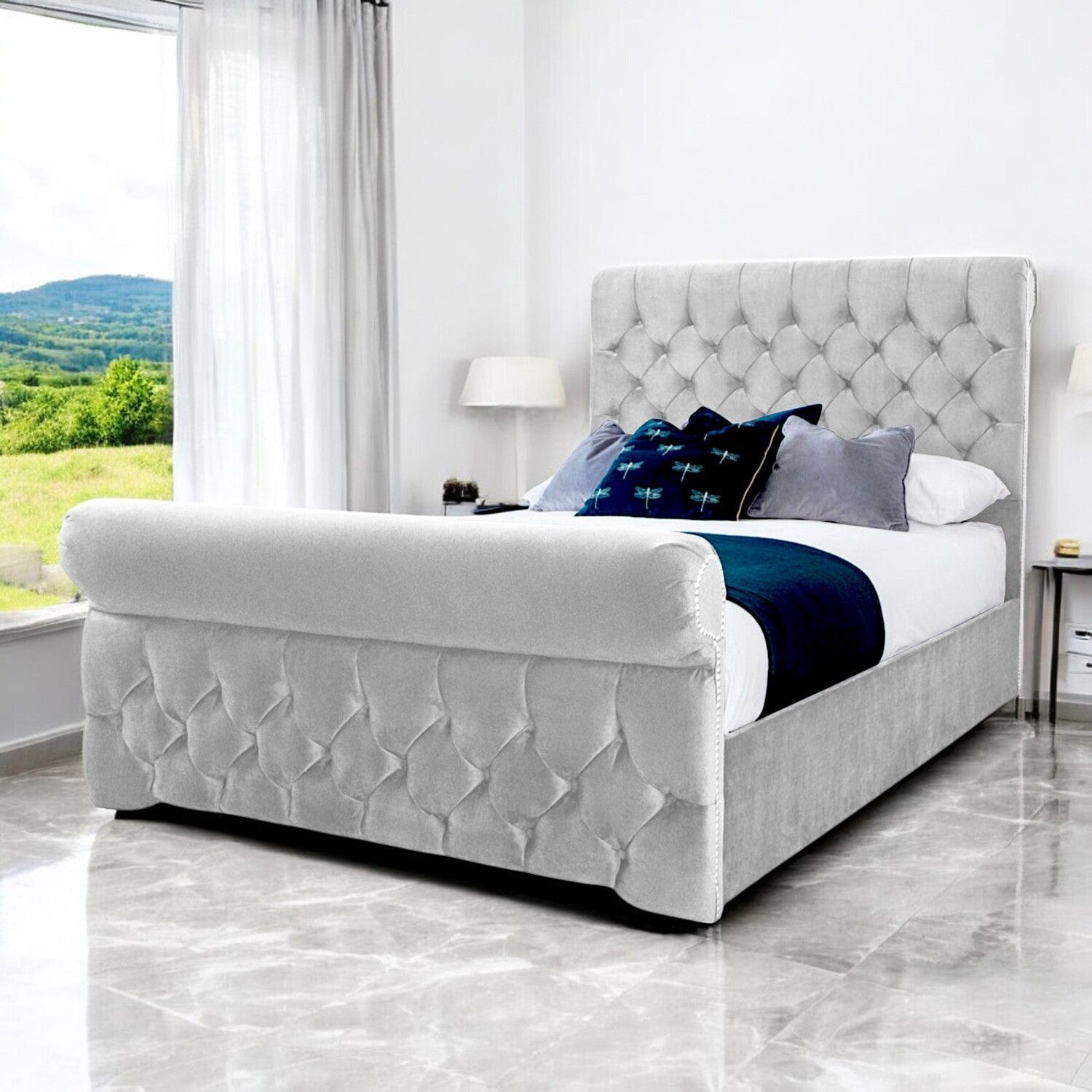  Slatted Base Solva Velvet Upholstered Chesterfield Sleigh Bed Frame