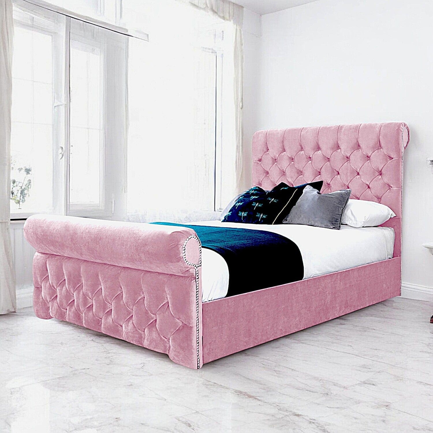  Slatted Base Solva Velvet Upholstered Chesterfield Sleigh Bed Frame