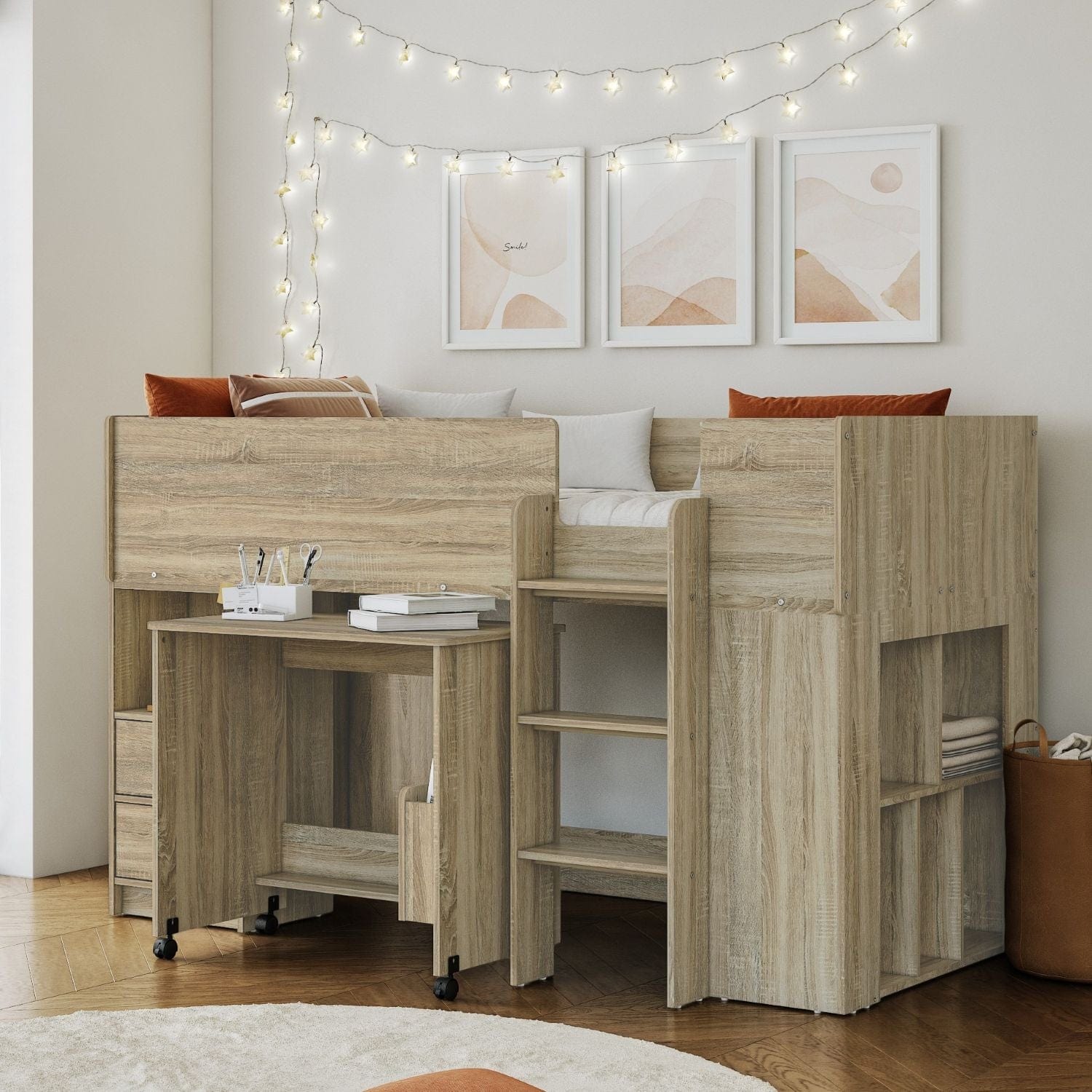 Oak Ted Mid Sleeper Cabin Bed with Desk & Storage