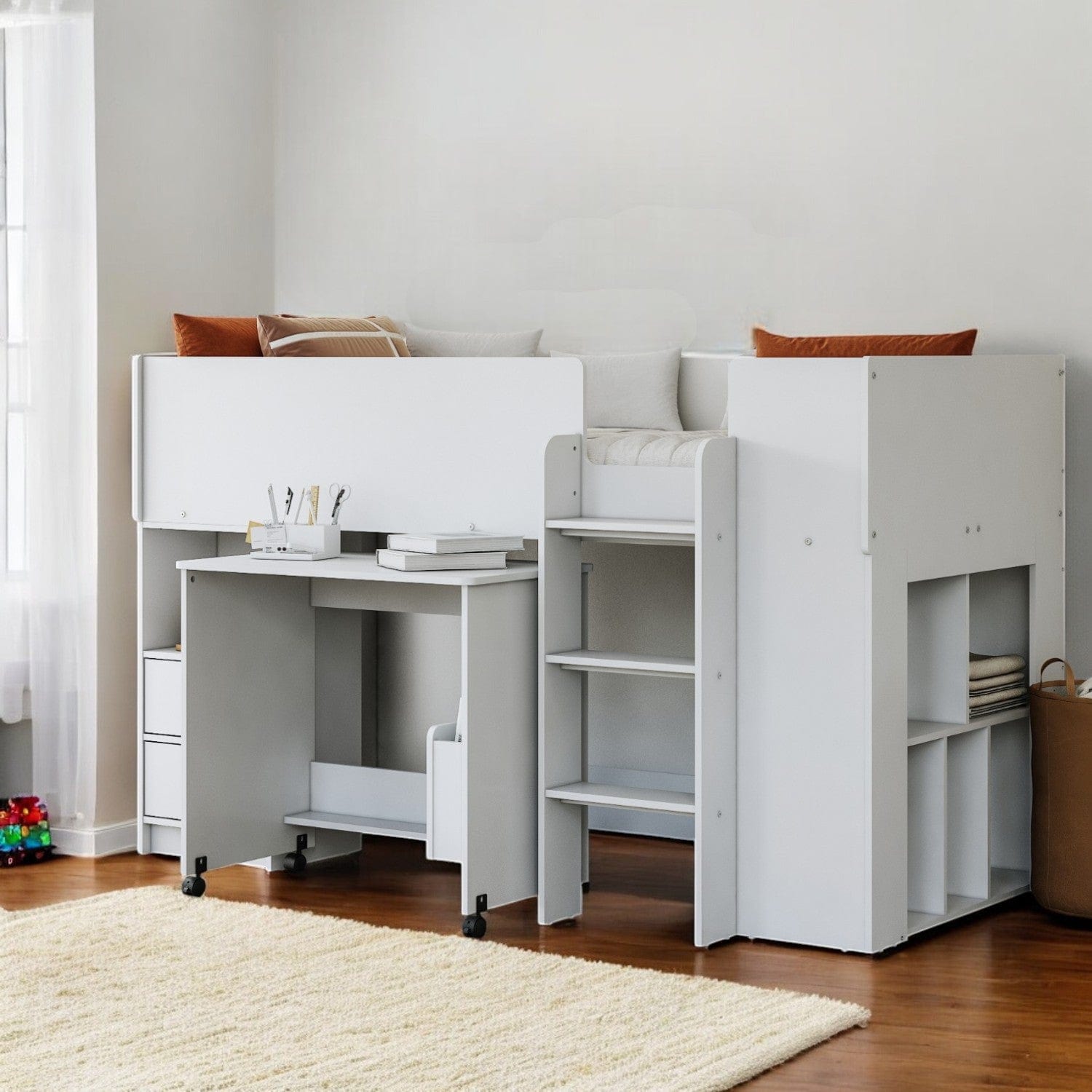 White Ted Mid Sleeper Cabin Bed with Desk & Storage